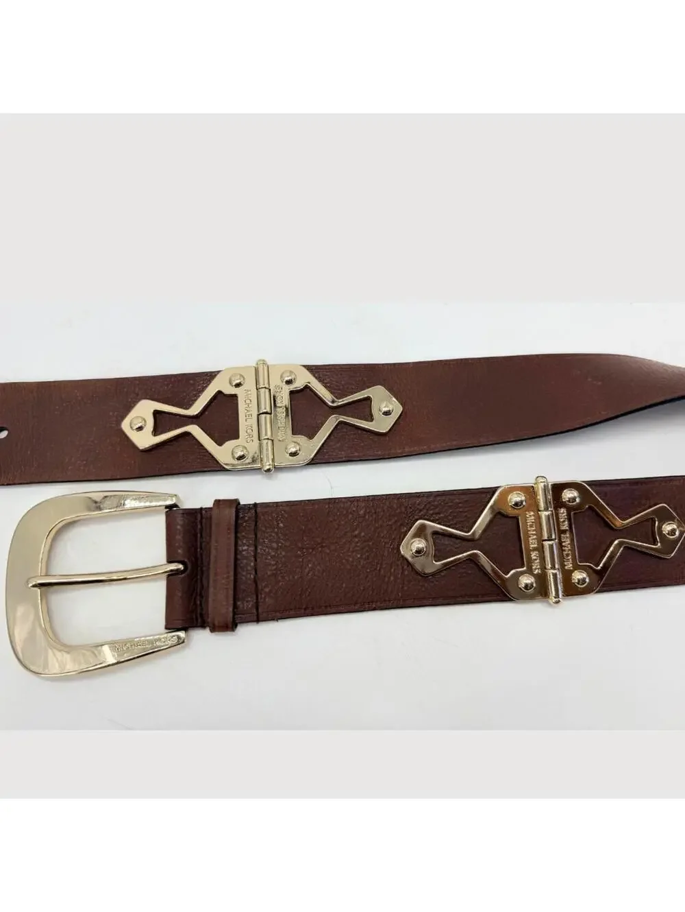 Michael Kors Brown Leather Gold Hardware Statement Belt - L